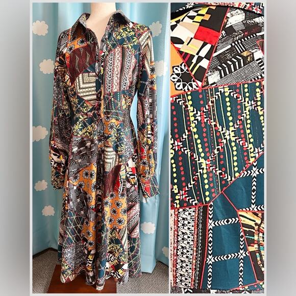 patchwork print maxi long sleeve dress- M - Picture 3 of 7